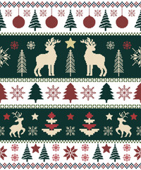 Christmas knit pattern with reindeer, pine trees, snowflakes and festive ornaments in Scandinavian Nordic style. Cozy winter vector design suitable for holiday background, wrapping paper, textile
