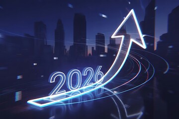 Glowing digital 2026 with upward arrow over futuristic city skyline at dusk with blue light trails