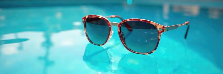 Stylish sunglasses reflected in a clear, blue swimming pool, capturing the summer vibe Perfect for travel, vacation, or summer fashion promotions , holiday, eyewear