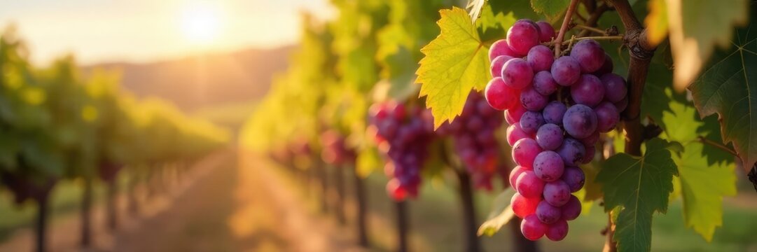 Sun-drenched bunches of ripe grapes hanging heavy on the vine, ready for harvest A picturesque scene of autumnal abundance in a vineyard , harvest time, rural, winemaking - Powered by Adobe