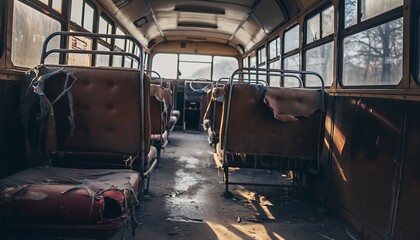 Old bus interior with torn seats and dusty floor, abandoned and silent atmosphere, showcasing decay, neglect, and urban exploration mood with strong storytelling detail.
