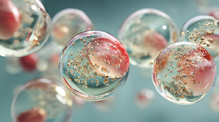 3D rendering transparent liquid spheres with bubbles inside showcasing clarity texture and purity ideal for skincare serum ads and high-end cosmetic branding Stock Illustration