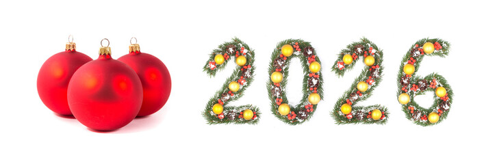 Christmas New Year 2026 Number Made with Evergreen Branches and Holiday Decoration with Red Bauble...