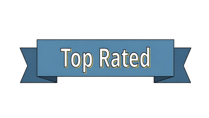 Blue ribbon banner with the text top rated in white and yellow outline isolated on a white background