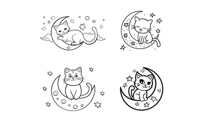 Bold and easy cartoon cat sitting on a crescent moon with twinkling stars, cute night illustration expressing calm bedtime mood, dreamy fantasy feeling, and friendly modern vector design style
