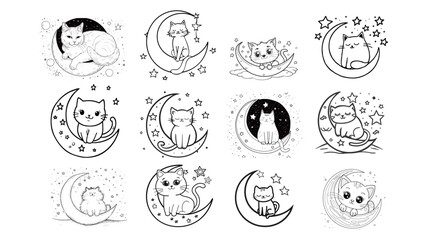 Bold and easy cartoon cat sitting on a crescent moon with twinkling stars, cute night illustration expressing calm bedtime mood, dreamy fantasy feeling, and friendly modern vector design style