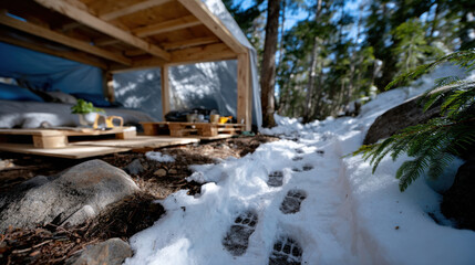 A view of footprints leading through snow towards a cozy cabin, surrounded by tall trees, symbolizing a serene escape into nature and inviting exploration in a tranquil setting.