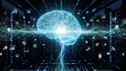 Glowing digital human brain made of circuits with "AI" text, connected to a vast network, symbolizing artificial intelligence, neural networks, and machine learning.
