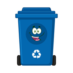 Cute blue recycling bin cartoon with smiling face and recycle symbol, isolated on white background