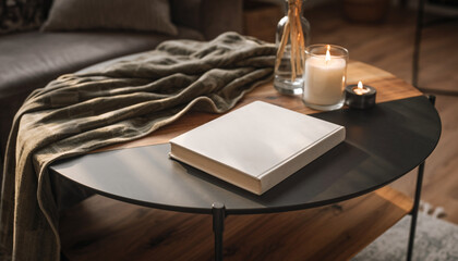 Book Mockup on Coffee Table Living Room Scene - Lifestyle Product Display Template