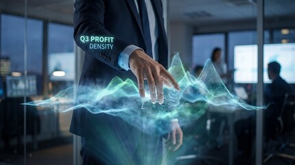 Businessman In Suit Gesturing Towards Futuristic Holographic Financial Data Display With Graphs And Charts In Modern Office