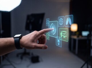 Man S Hand Interacting With Futuristic Blue Holographic Interface Displaying Icons Over Dark Studio Background