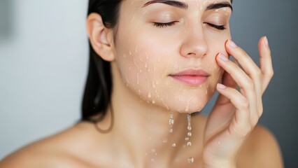 Young woman washing her beautiful face with refreshing water drops, performing a skincare ritual on a plain grey background, feeling serene.