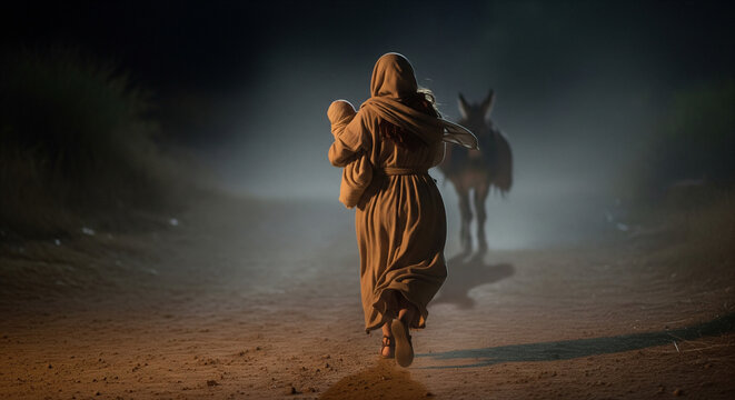 Virgin Mary running with Baby Jesus at night towards donkey escaping to Egypt. Biblical concept of Flight into Egypt