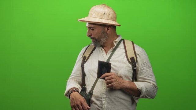Man holding passport with visible hand and backpack straps, wearing a pith helmet and cotton shirt while glancing to the side in green studio; anticipation.