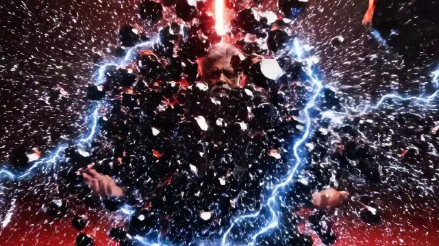 A man surrounded by exploding black spheres with a glowing red triangle in the background
