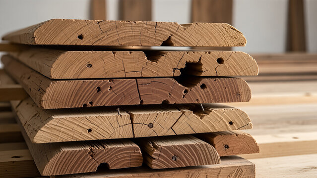 Stack of Weathered Wooden Planks with Visible Grain and Imperfections.