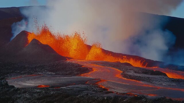 Lava surges with glowing veins and thick smoke drifting above the molten rock flow.
