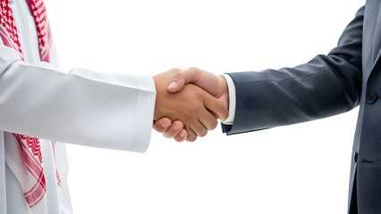 Business handshake between two men, one in traditional Arabic attire and the other in a suit.