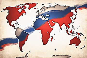 Poster depicting a world map and continents in the colors of the Russian flag