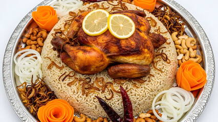A whole roasted chicken placed atop a bed of fluffy rice, garnished with lemon slices and nuts.