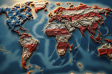 Globe world map and continents in the colors of the US flag