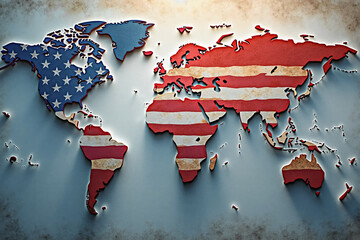 World map and continents in the colors of the US flag