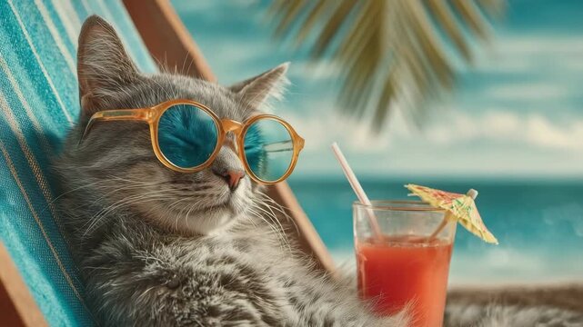 Generative AI. Gray cat wearing stylish sunglasses lounges on a beach chair, enjoying a refreshing drink with a colorful umbrella, surrounded by a tropical paradise atmosphere