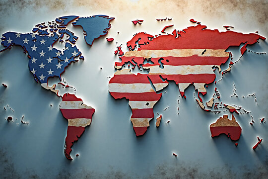 World map and continents in the colors of the US flag