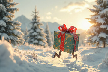 Christmas gift box with a red ribbon bow on legs running away in forest