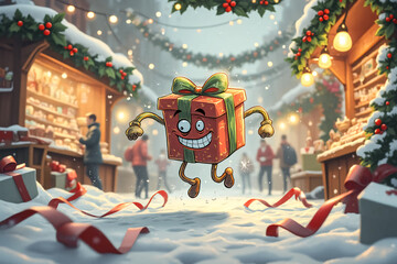 Crazy gift jumps on the christmas fair. Festive box with a bow, face, arms and legs.