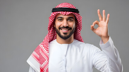 A smiling Middle Eastern man wearing traditional clothing and a red and white keffiyeh, giving an OK sign.