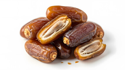 A close-up studio shot of a pile of delicious, plump, and sweet dates, some halved to reveal their seeds, on a white background.