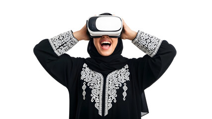 Excited young Muslim woman in VR headset, wearing traditional black abaya with white embroidery, experiencing virtual reality.