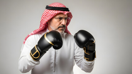 Determined Middle Eastern Businessman in Traditional Attire Wearing Boxing Gloves, Ready for a Fight