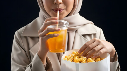 A woman wearing a hijab and trench coat enjoys a drink and popcorn against a dark background.
