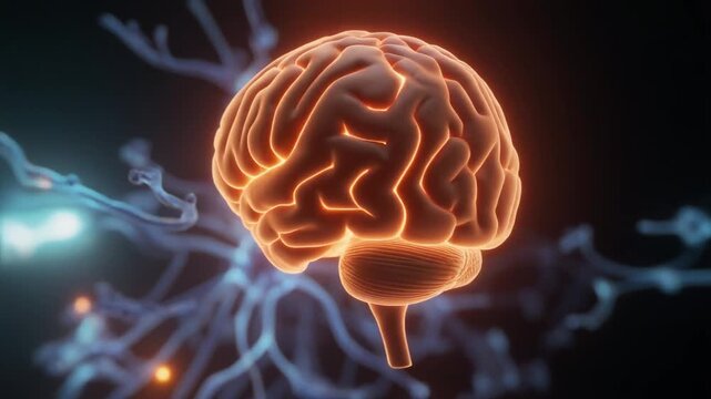Glowing 3D brain model rotates with neural pathways highlighted in soft medical lighting