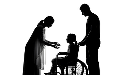 Silhouette of a family, a mother and father with their child in a wheelchair, showing love and care.