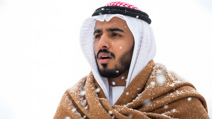 A young Arab man wearing traditional attire and a warm scarf braving a snowfall with a surprised expression.