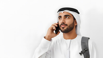 Young Arab man in traditional Kandura and Ghutra talking on a mobile phone while carrying a backpack.
