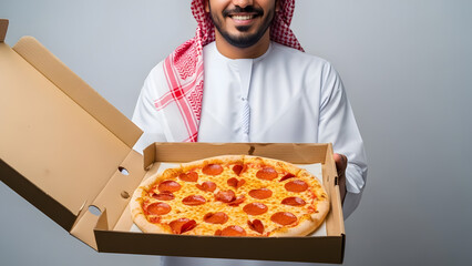 A smiling man in traditional Arab attire presents a freshly baked pepperoni pizza in a cardboard box.