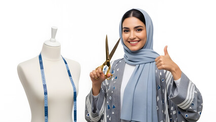 Fashion designer in hijab with golden scissors and measuring tape on mannequin gives a thumbs up.