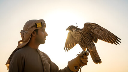 Falconry Tradition: Emirati Man in Traditional Attire with a Majestic Falcon at Sunset