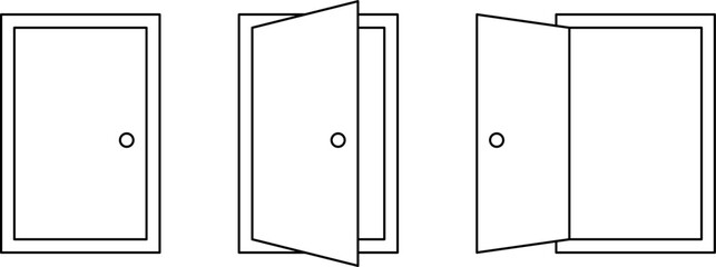 Minimal outline door icon set showing closed, half open and open door states. Clean modern design suitable for access, entry, exit, security, UI, infographic, and business concepts.