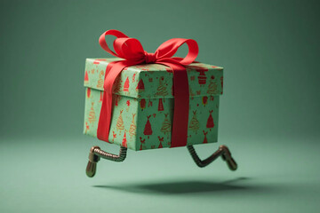 Dancing cristmas gift box. Festive green box with a red ribbon bow and legs on green background.