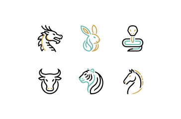 Stylized animal icon set in gold and teal on black background