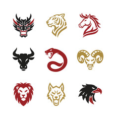 Stylized animal heads in geometric arrangement on black background