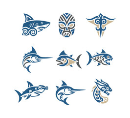 Stylized marine creature icons collection for design projects