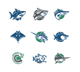 Stylized fish illustrations set on black background