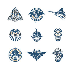 Stylized marine creature illustrations on dark background